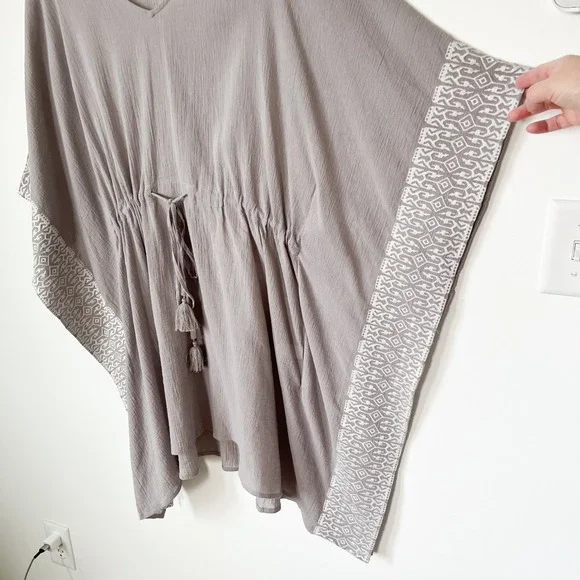 Garnet Hill Embroidered Kaftan Swim Cover Up Gray White Drawcord Tassel Large - Picture 3 of 9